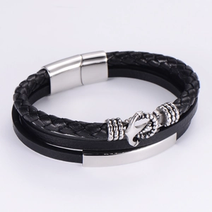 Multilayer black leather bracelet with stainless steel anchor charm and magnetic clasp