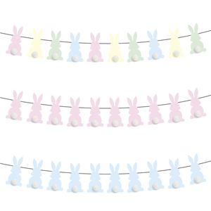 Easter bunny banner set with colorful rainbow and pastel pink blue rabbits and white pom-poms