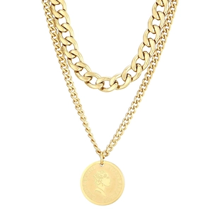 Double-layered gold portrait coin necklace featuring chunky chain and queen relief pendant
