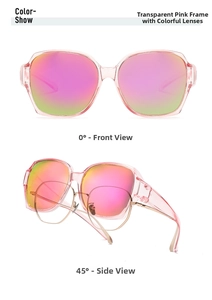 Front and 45-degree side view of transparent pink polarized fit-over sunglasses for women