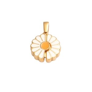 Golden sunflower pendant with white enamel petals and yellow center in minimalist style