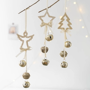 Champagne Gold Christmas Hanging Bell Ornament Glitter Angel Star Tree Shape With Satin Bow For Christmas Tree Party Decor