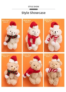 Detailed view of six Christmas teddy bears with red hats and knitted scarves
