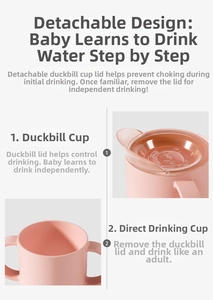 Pink toddler training cup with detachable handles and dual-mode sippy to straw lid system