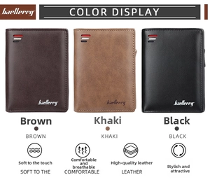 Vertical men's wallet in brown, khaki, and black leather with tricolor stripe detail