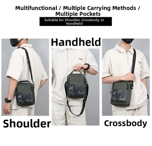 Three-way carry demonstration of a dark green waterproof nylon crossbody sport bag for men