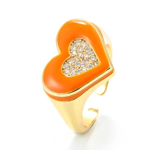 Adjustable gold plated ring featuring double heart design with orange enamel and zircon