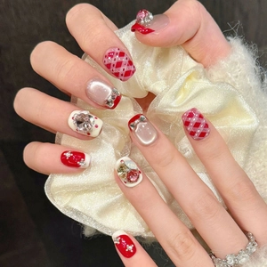 Handmade Press On Nails Red White Plaid With Rhinestone Bow And Artificial Pearl Resin Acrylic Sweet Elegant