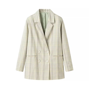 Women's light green plaid double-breasted blazer with classic lapel and loose fit