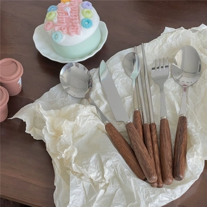 Vintage cutlery set with wooden handles and metal heads for home dining use