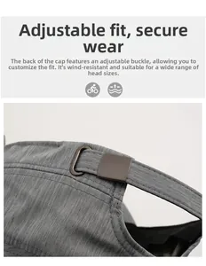 Detail of adjustable metal buckle and grey fabric texture on the casual flat top cap