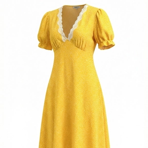 French style yellow polka dot maxi dress with white lace V-neck and puff sleeves