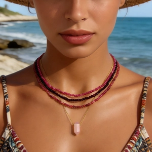 Close-up of stacked pink crystal pendant and beaded necklaces worn on a sunny beach