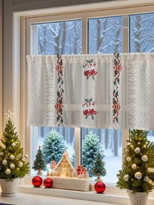 Detail of Christmas lace curtain with red stocking and gold bell embroidery on snow texture