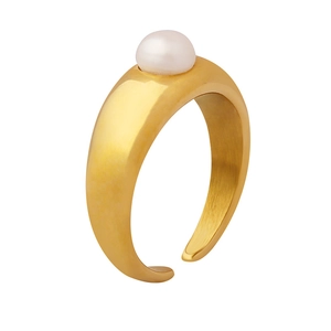 Baroque sugar cube freshwater pearl ring in brushed gold finish with adjustable band