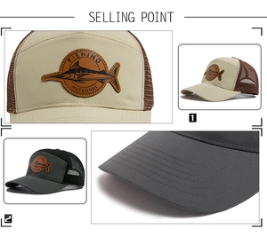 Detail of fishing trucker hats with leather shark patches and breathable mesh backing