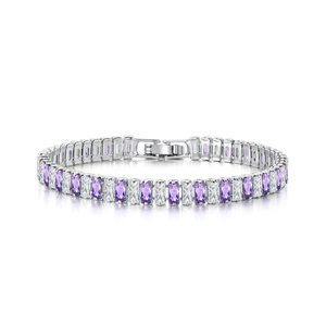 Detailed macro view of rectangle purple zircon and silver tennis bracelet with folding clasp