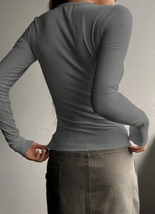 Detail view of grey slim-fit ribbed knit sweater back showing textured vertical stripes