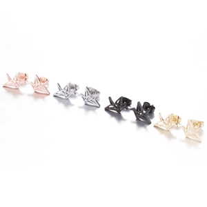 Minimalist stainless steel paper crane stud earrings in rose gold silver black and gold