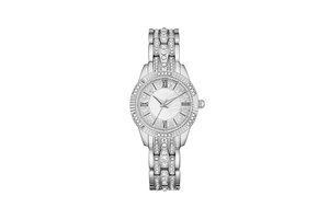 Vue détaillée d'une montre argentée sertie de diamants avec cadran en nacre et chiffres romains