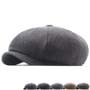 Retro Newsboy Cap Washed Cotton Denim Breathable Adjustable Sun Protection British Style Flat Hat For Men