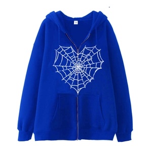 Navy blue zip-up hoodie featuring a white heart spider web print on white background