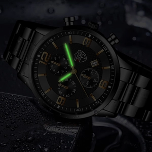 Men's luminous quartz watch with black stainless steel strap and waterproof sub-dials