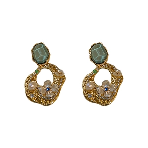 Vintage baroque floral earrings with green gemstone, faux pearls and crystals in gold metal
