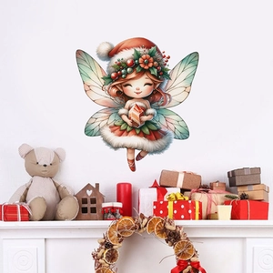 Christmas cartoon fairy wall sticker with festive holiday decorations on a white wall