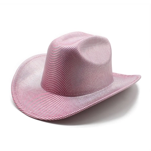 Pink and silver striped glitter cowboy hat with wide brim for party and festival costumes