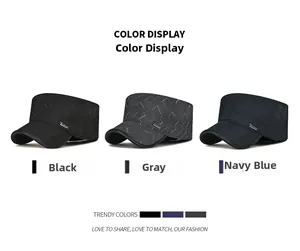 Detailed view of winter quilted flat top hats in black, grey and navy blue colors