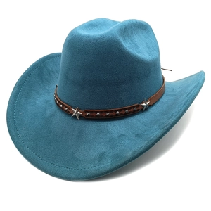Detail of teal felt cowboy hat featuring brown leather band with silver star and round studs