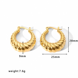 Detail view of 18k gold plated stainless steel twisted hoop earrings with size dimensions