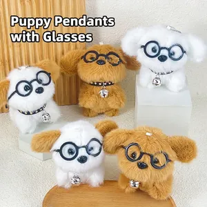 Cute Mini Puppy Plush Keychain For Schoolbag Cartoon Dog Doll With Glasses And Bell Pendant Accessory For Women Kids Gift