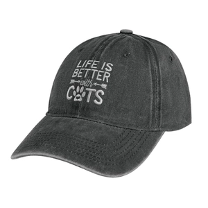 Detailed embroidery of Life Is Better with Cats on black washed denim baseball cap