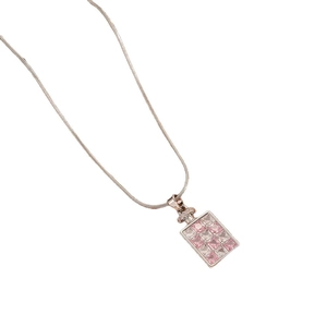 Pink and clear checkered perfume bottle pendant necklace in rose gold snake chain