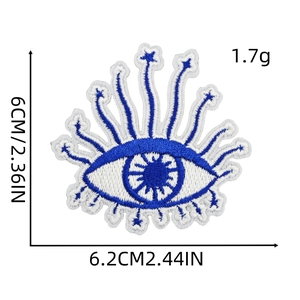Blue Evil Eye embroidery patch with dimensions showing 6cm height and 6.2cm width