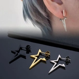 Detailed view of pentagram star stud earrings in silver, gold, and black stainless steel