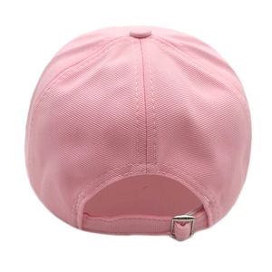 Pink cotton baseball cap back detail featuring adjustable silver metal buckle and sewing