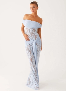 Detail of light blue lace off-shoulder dress featuring waist tie and draped fabric texture