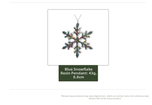 Detailed view of blue resin snowflake ornament with 8.8cm diameter and 43g weight