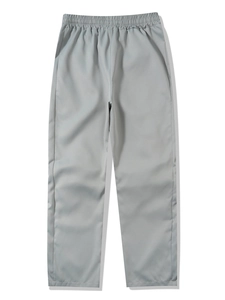Detail view of the elastic waistband on grey techwear cargo pants with high-quality texture