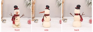 Detailed front, side, and back views of a burlap snowman with branch arms and red scarf