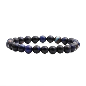 Natural blue tiger eye stone beaded bracelet with glossy finish on a white background