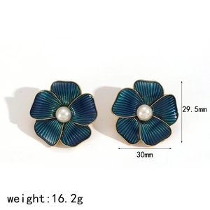Deep blue enamel flower earrings with gold petals and pearl center, 30mm size