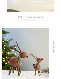 Detail of handcrafted felt reindeer ornaments with natural twig antlers and red plush noses