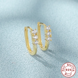 Elegant gold-plated S925 sterling silver U-shaped oval hoop earrings with clear zircon stones