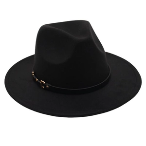 Close-up of black wool felt fedora featuring a leather band with gold metal buckle detail