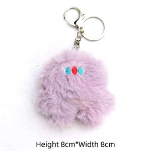 Macro shot of purple plush monster keychain with size dimensions 8cm by 8cm