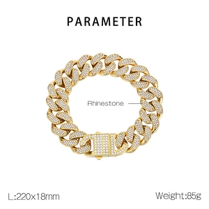 Macro detail of gold-plated iced out Cuban link bracelet with rhinestone specifications